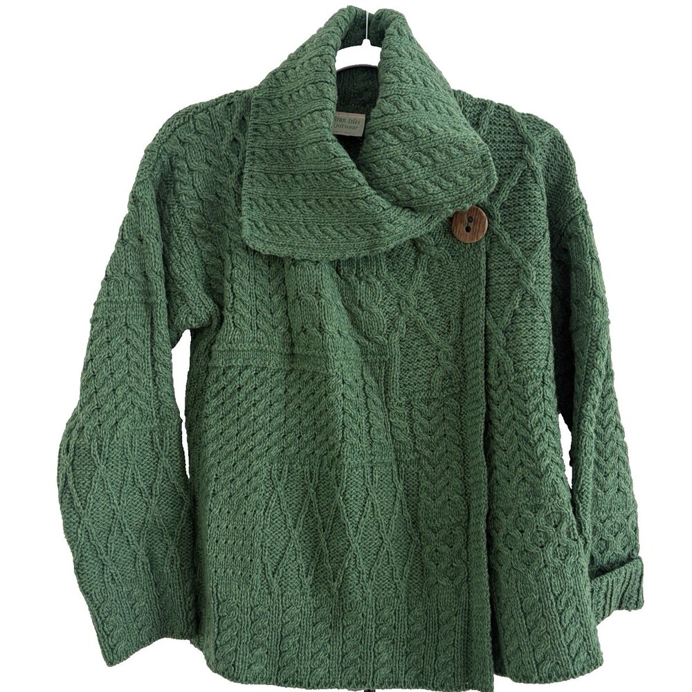 ARAN ISLANDS Irish Sweater Womens Large Shawl Collar Cardigan Button Green Wool